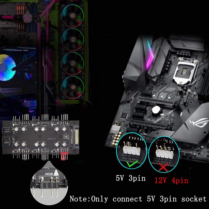 XMSJSIY 12V 4Pin PWM & 5V 3Pin ARGB with SATA 15Pin Power 2-in-1 Hub 6 Way Sync CPU Cooling Fan Addressable RGB Lighting PCB Splitter for Extended Motherboard Interface -Black Compatible With Desktop - Image 5